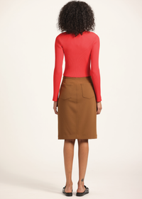 Person wearing a red top and brown skirt on a white background