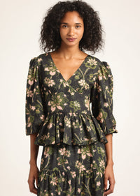 Savannah V-Neck Peplum Top - Black Fall Foliage