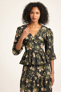 Savannah V-Neck Peplum Top - Black Fall Foliage