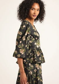 Savannah V-Neck Peplum Top - Black Fall Foliage