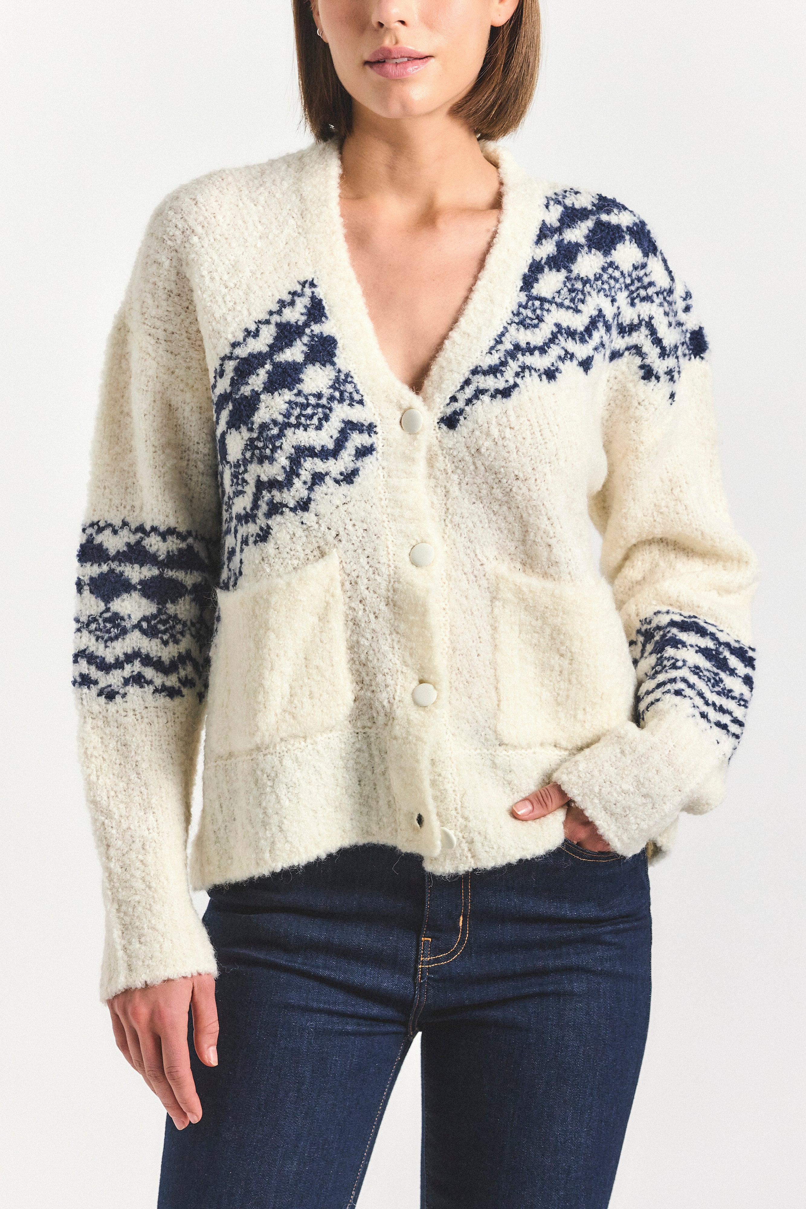 Bette Fair Isle Cardigan - White/Navy – Derek Lam