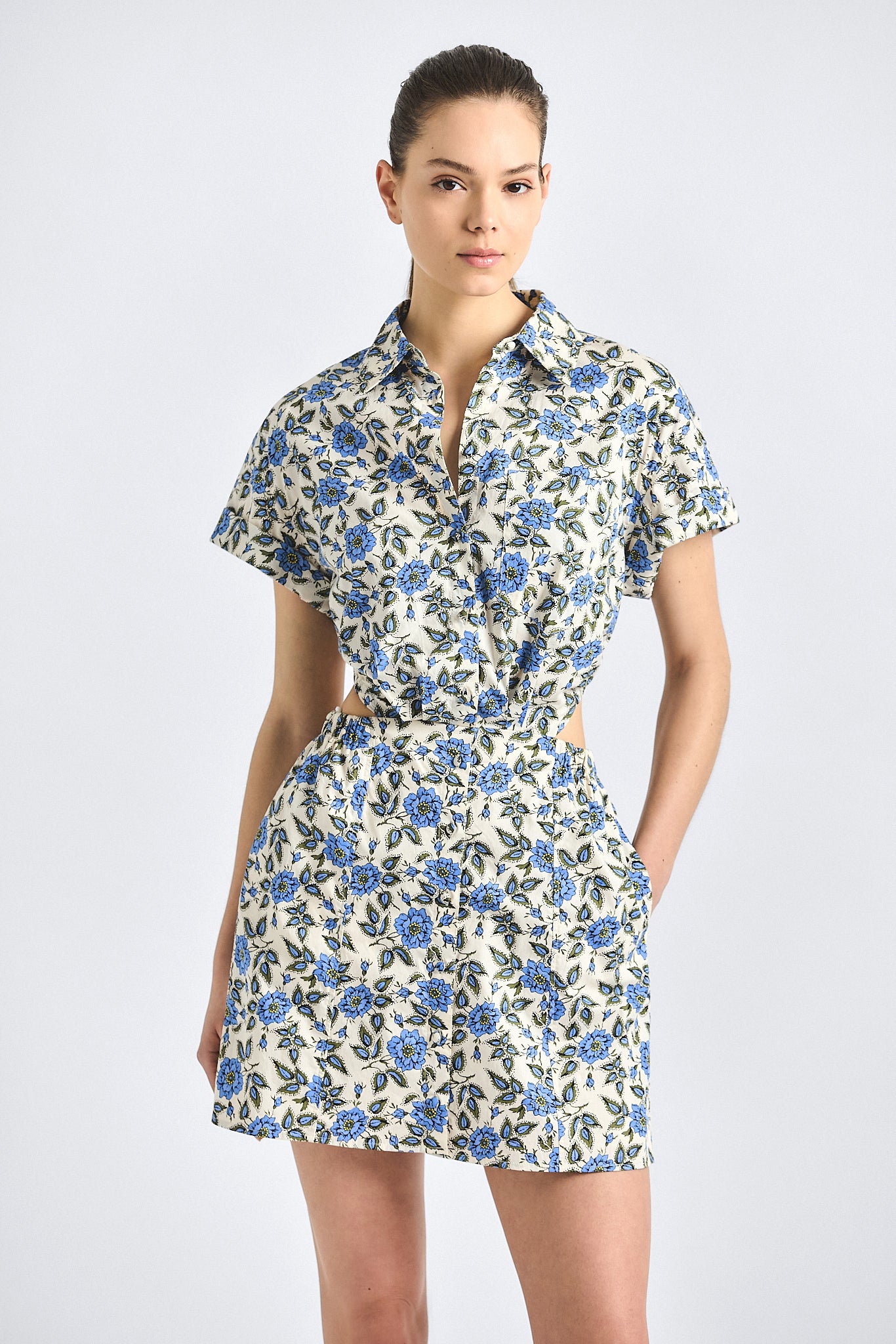 【ANLEM】FRENCH RETRO COMMUTER DRESS Alba Open Back Shirt Dress - Blue Bell Floral – Derek Lam
