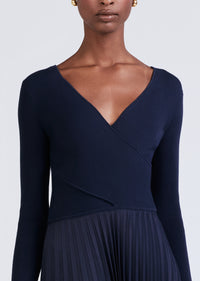 Navy Anika Wrap Pleated Sweater Dress | Women's Dress by Derek Lam 10 Crosby