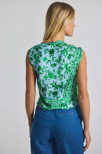 Kelly Green Multi Ariel Tile Print Asymmetric Top With Embellishment | Women's Top by Derek Lam 10 Crosby