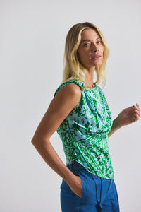 Kelly Green Multi Ariel Tile Print Asymmetric Top With Embellishment | Women's Top by Derek Lam 10 Crosby