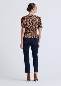 Chocolate Multi Rhea Puff Sleeve V-Neck Top | Women's Top by Derek Lam 10 Crosby