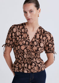 Chocolate Multi Rhea Puff Sleeve V-Neck Top | Women's Top by Derek Lam 10 Crosby