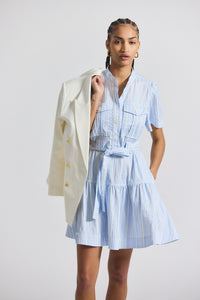 Celestine-White Clynton Pintuck Stripe Shirting Short Sleeve Dress | Women's Dresses by Derek Lam 10 Crosby