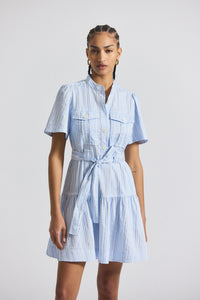 Celestine-White Clynton Pintuck Stripe Shirting Short Sleeve Dress | Women's Dresses by Derek Lam 10 Crosby
