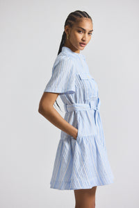 Celestine-White Clynton Pintuck Stripe Shirting Short Sleeve Dress | Women's Dresses by Derek Lam 10 Crosby