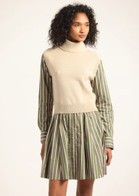 Oatmeal-Fatigue Multi Stripe Cressida Mixed Media Dress | Women's Dresses by Derek Lam 10 Crosby