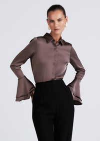 Dark Truffle Selma Button Down Flare Cuff Blouse | Women's Top by Derek Lam 10 Crosby