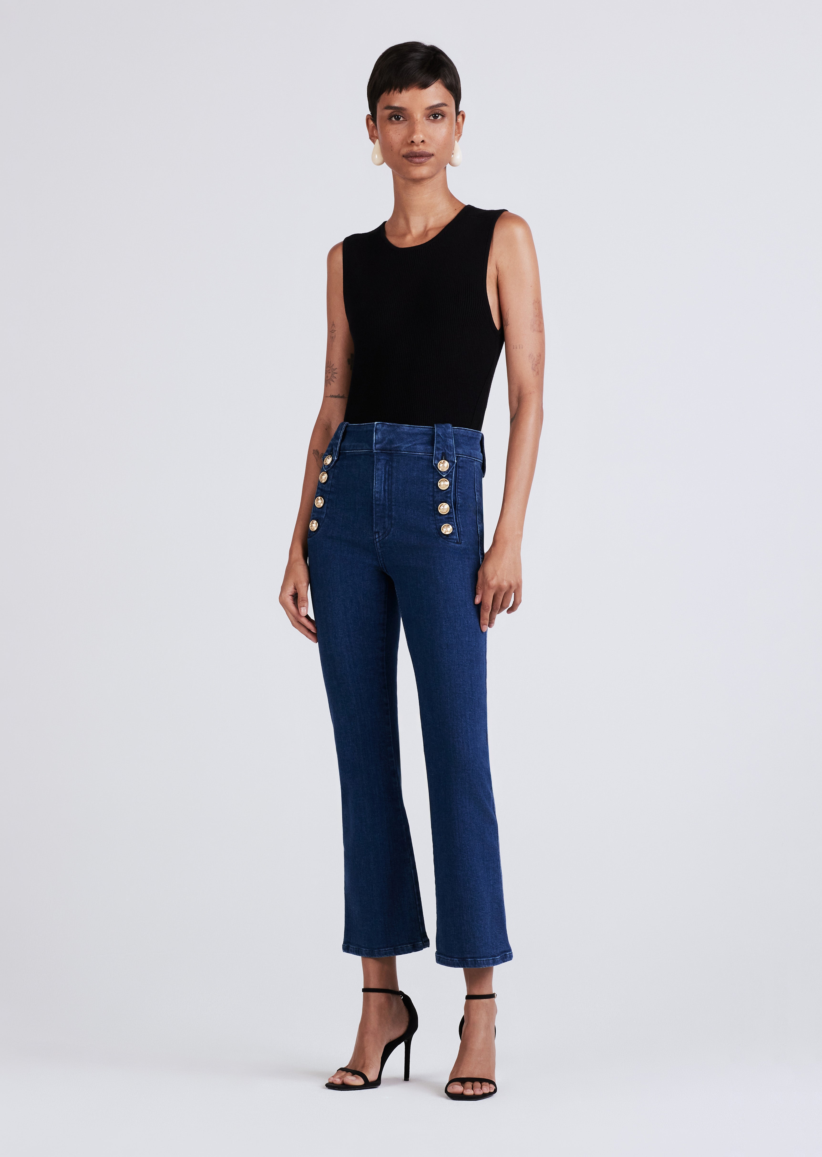 Navy blue high waisted flat-front stretch Wide leg cropped Pants
