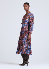 Purple Multi Ferris Pleated V Neck Midi Dress | Women's Dress by Derek Lam 10 Crosby