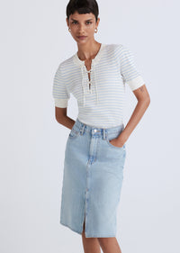 Eloise Lace-Up Henley Top - Ivory-Light Blue