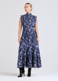 Navy Multi Junia Rouched Sleeveless Midi Dress | Women's Dress by Derek Lam 10 Crosby