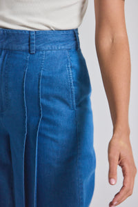 Katrina Chambray Wide Leg Pleated Trouser - Keri Blue