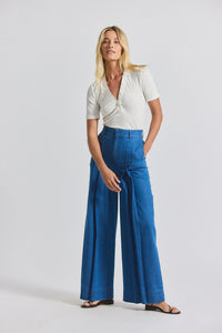 Katrina Chambray Wide Leg Pleated Trouser - Keri Blue