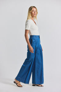 Katrina Chambray Wide Leg Pleated Trouser - Keri Blue