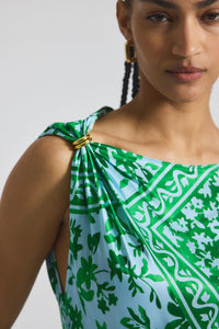Kelly Green Multi Maritza Watercolor Tile Print Asymmetric Dress with Embellishment | Women's Dresses by Derek Lam 10 Crosby
