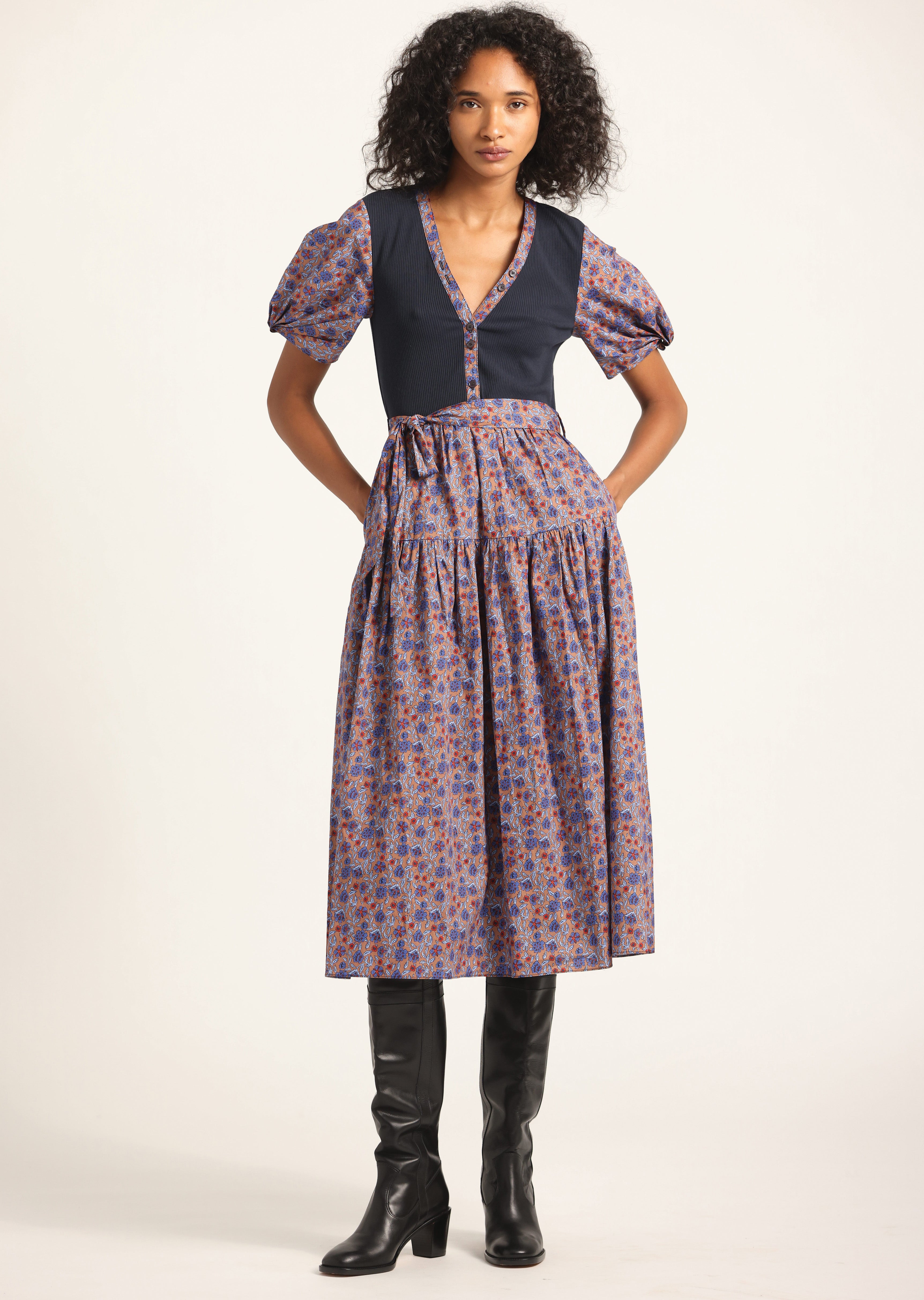 Natalia Mixed Media Dress - Navy-Dark Mocha Multi Floral – Derek Lam