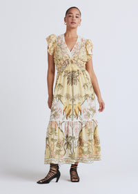Pale Yellow Multi Isadora V-Neck Ruffle Dress | Women's Dress by Derek Lam 10 Crosby