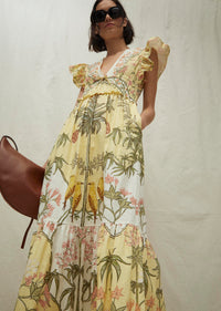 Pale Yellow Multi Isadora V-Neck Ruffle Dress | Women's Dress by Derek Lam 10 Crosby