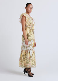 Pale Yellow Multi Isadora V-Neck Ruffle Dress | Women's Dress by Derek Lam 10 Crosby