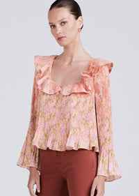 Patchwork Multi Charis Pleated Ruffle Blouse | Women's Top by Derek Lam 10 Crosby