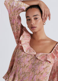 Patchwork Multi Charis Pleated Ruffle Blouse | Women's Top by Derek Lam 10 Crosby