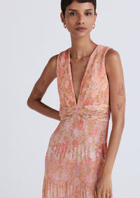 Patchwork Multi Iris Pleated V-Neck Dress | Women's Dress by Derek Lam 10 Crosby