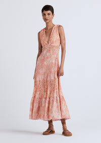 Patchwork Multi Iris Pleated V-Neck Dress | Women's Dress by Derek Lam 10 Crosby