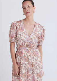 Pink Multi Columba Puff Sleeve V-Neck Dress | Women's Dress by Derek Lam 10 Crosby