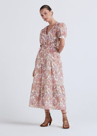 Pink Multi Columba Puff Sleeve V-Neck Dress | Women's Dress by Derek Lam 10 Crosby