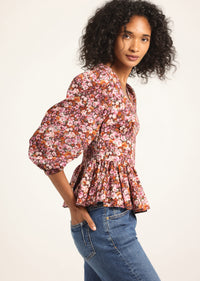 Burgundy Mini Floral Savannah V-Neck Peplum Top | Women's Top by Derek Lam 10 Crosby