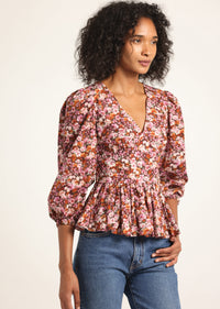 Burgundy Mini Floral Savannah V-Neck Peplum Top | Women's Top by Derek Lam 10 Crosby