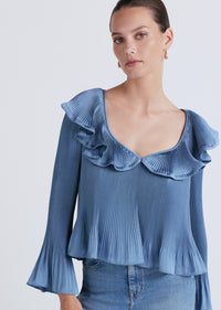 Steel Blue Charis Pleated Ruffle Blouse | Women's Top by Derek Lam 10 Crosby
