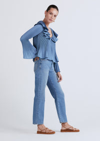 Steel Blue Charis Pleated Ruffle Blouse | Women's Top by Derek Lam 10 Crosby