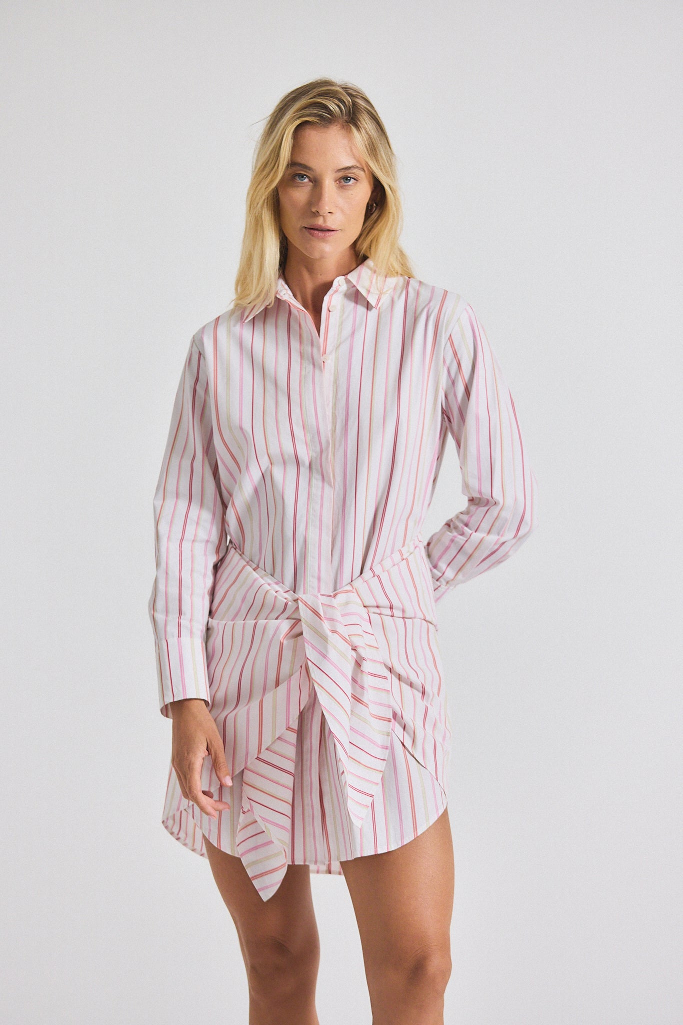 Trish Striped Shirting Waist Tie Shirt Dress White-Pink – Derek Lam