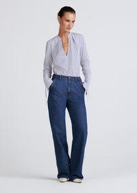 White-Navy Lila Long Sleeve V-Neck Top | Women's Top by Derek Lam 10 Crosby