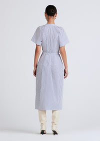 White-Navy Orla Tie Waist Short Sleeve V-Neck Dress | Women's Dress by Derek Lam 10 Crosby