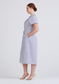 White-Navy Orla Tie Waist Short Sleeve V-Neck Dress | Women's Dress by Derek Lam 10 Crosby