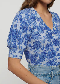 Ikat Blue Multi Ray Puff Sleeve Henley Top | Women's Top by Derek Lam 10 Crosby