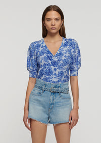 Ikat Blue Multi Ray Puff Sleeve Henley Top | Women's Top by Derek Lam 10 Crosby