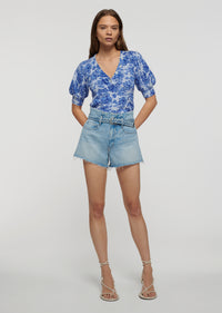 Ikat Blue Multi Ray Puff Sleeve Henley Top | Women's Top by Derek Lam 10 Crosby
