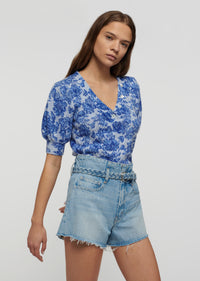 Ikat Blue Multi Ray Puff Sleeve Henley Top | Women's Top by Derek Lam 10 Crosby