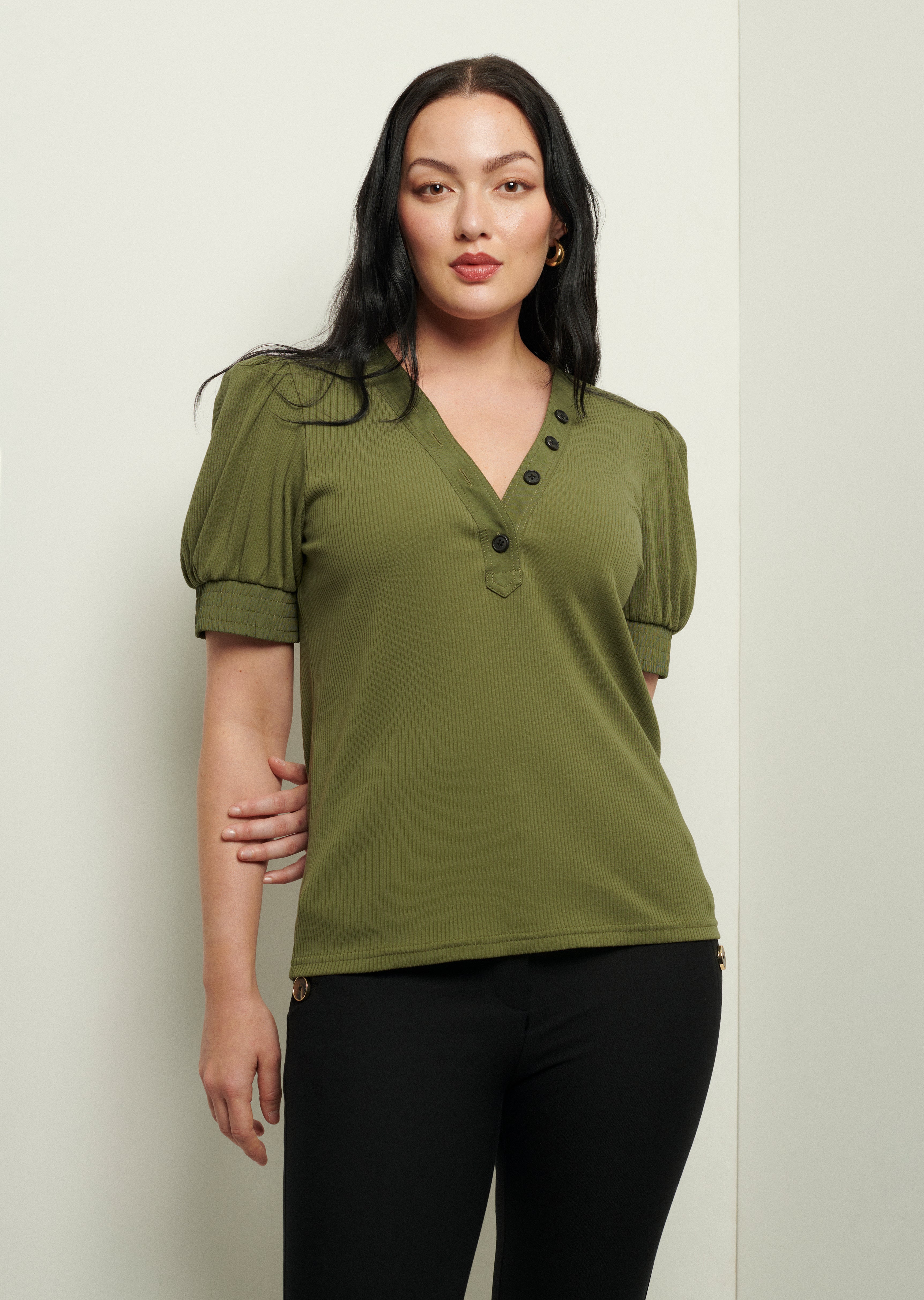 Heather V-Neck Puff Sleeve T-Shirt - Olive