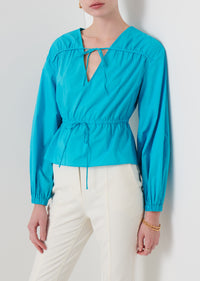 Peacock Blue Breanna Long Sleeve Gathered Top | Women's Top by Derek Lam 10 Crosby