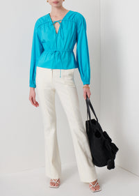 Peacock Blue Breanna Long Sleeve Gathered Top | Women's Top by Derek Lam 10 Crosby