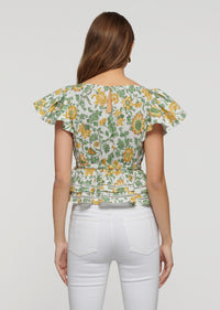 Yellow Multi Delphine Boat Neck Ruffle Blouse | Women's Top by Derek Lam 10 Crosby